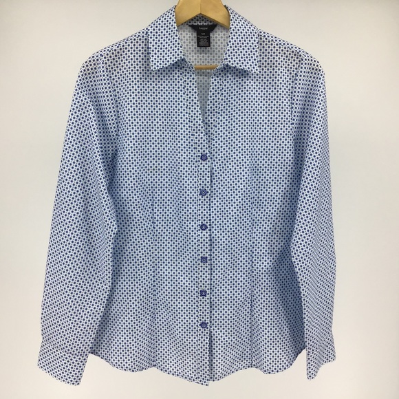 Haggar V-Neck Blue & White Button-Up Blouse, Small - Picture 9 of 14